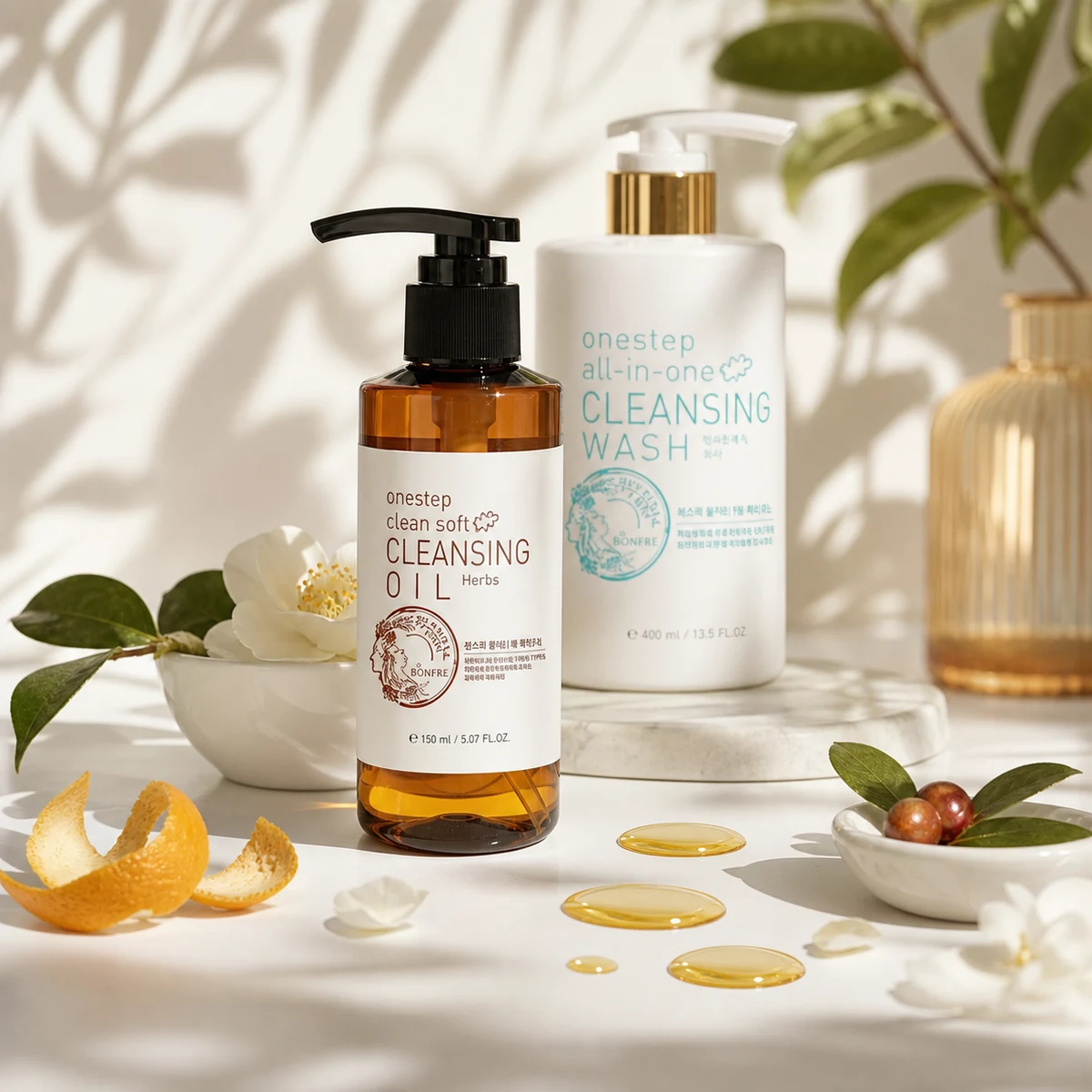Bonfre morning skincare flatlay advertisement visual